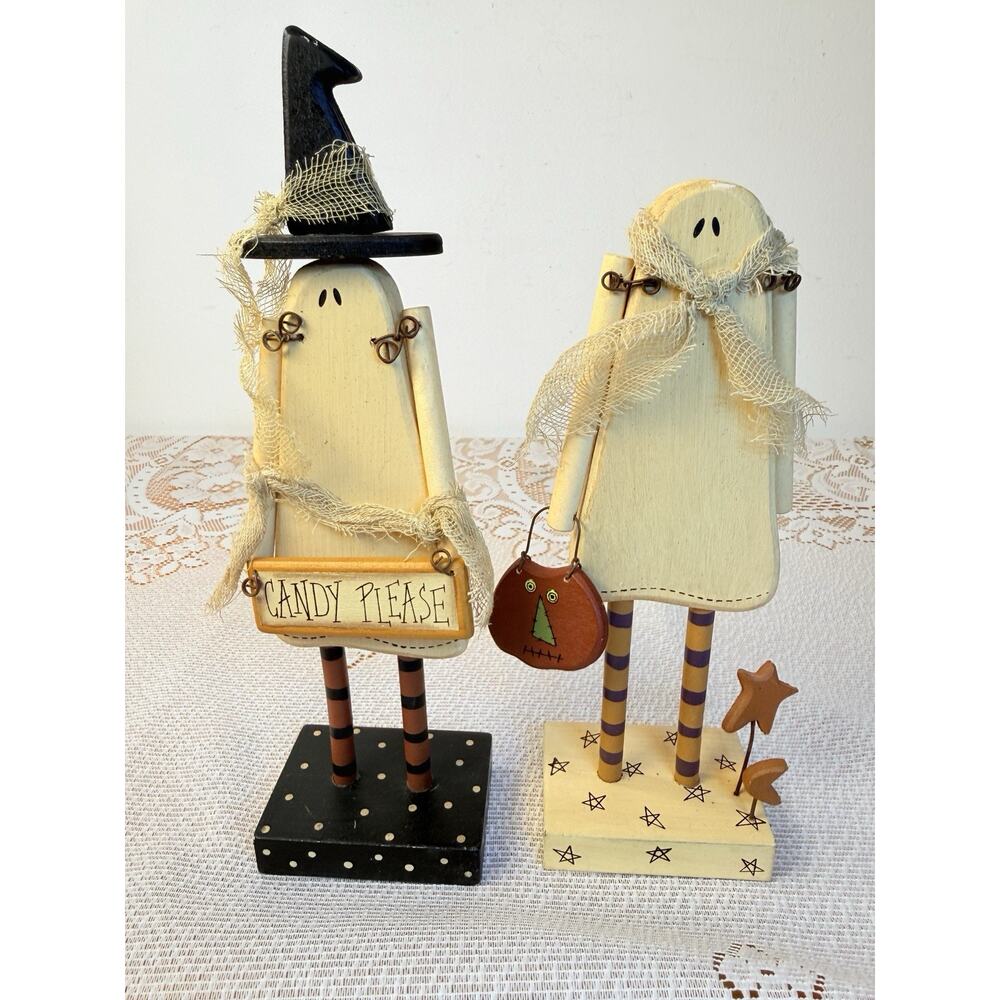 Collins Halloween Ghost Figurine Set of 2 Painted w/ “Candy Please” Sign - Picture 7 of 12